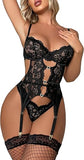 Sexy Lingerie Set for Women Lace Bodysuit Cut Out Rhinestone Underwire Teddy with Panty